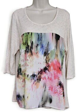 Women's 1X Bobeau Cream Top Abstract Watercolor Print 3/4 Sleeves Round Neck